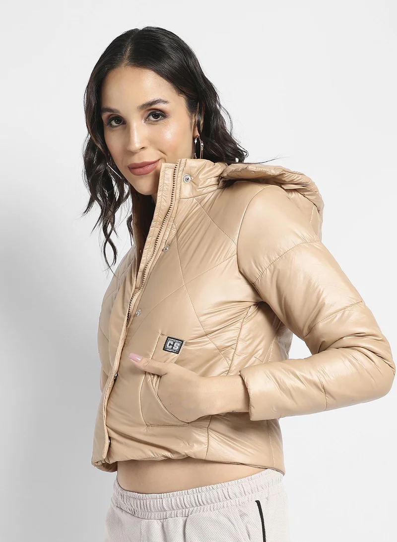Pinacolada  Women's Beige Quilted Bomber Jacket With Detachable Hood for Women | Best Price UAE