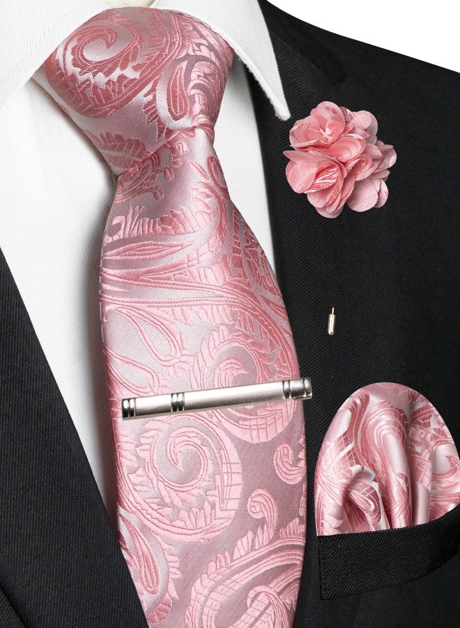 RBOCOTT Mens Wedding Pink Floral Tie Paisley Woven Necktie Pocket Square and Lapel Pin with Tie Clip Set for Business 4PCS(27) - Image 2
