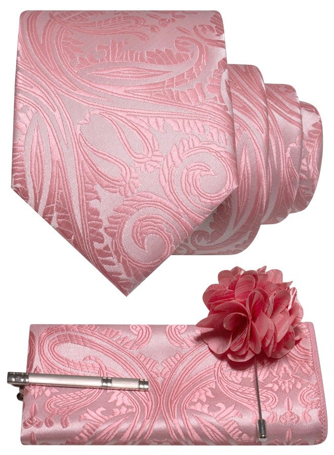 RBOCOTT Mens Wedding Pink Floral Tie Paisley Woven Necktie Pocket Square and Lapel Pin with Tie Clip Set for Business 4PCS(27) - Image 1
