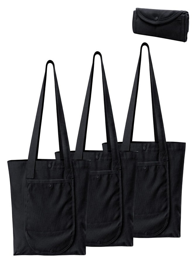 Faylapa 3 Pack Canvas Tote Bag with an External Pocket, Heavy Dut Foldable Reusable Grocery Shopping Cloth Bags, Fashionable Travel Bag for DIY Crafts Daily Essentials(Black) - Image 1