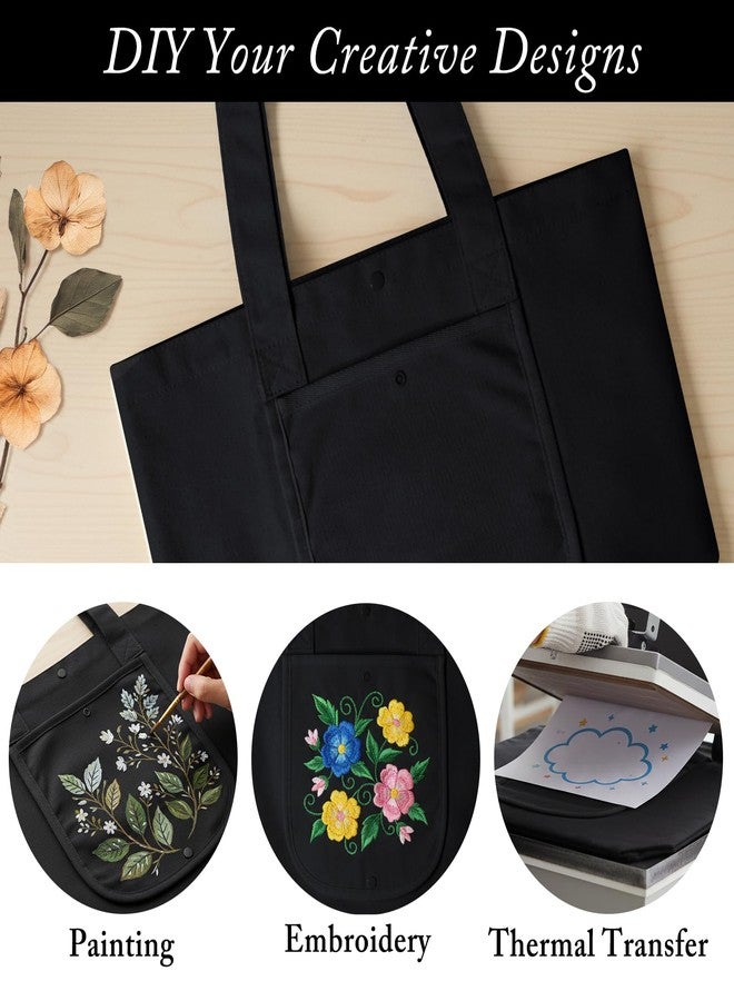Faylapa 3 Pack Canvas Tote Bag with an External Pocket, Heavy Dut Foldable Reusable Grocery Shopping Cloth Bags, Fashionable Travel Bag for DIY Crafts Daily Essentials(Black) - Image 3