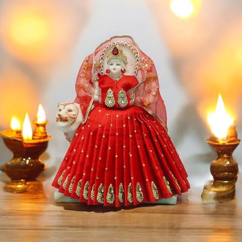 Vrindavanstore.in Navratri Special Red Color Durga Maa/MATA Rani/Devi maa poshak/Dress Set – Complete Traditional Outfit for Durga Puja |Size-07 inch Idol(4 inch Lehnga 2.5 inch Choli) - Image 4