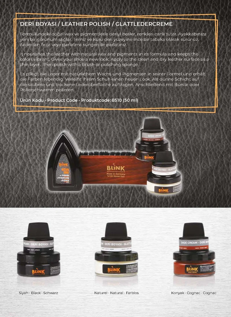 بلينك Revitalize your footwear with Blink Shoe Cream – the ultimate solution for leather care. This premium shoe cream is specially formulated to nourish, protect, and restore the natural shine of leather shoes. Its smooth application enhances the color and texture, giving your shoes a polished, like-new finish. Whether you're maintaining classic dress shoes or casual leather sneakers, Blink Shoe Cream ensures long-lasting protection and a refined look. Step out with confidence, knowing your shoes are always at their best.