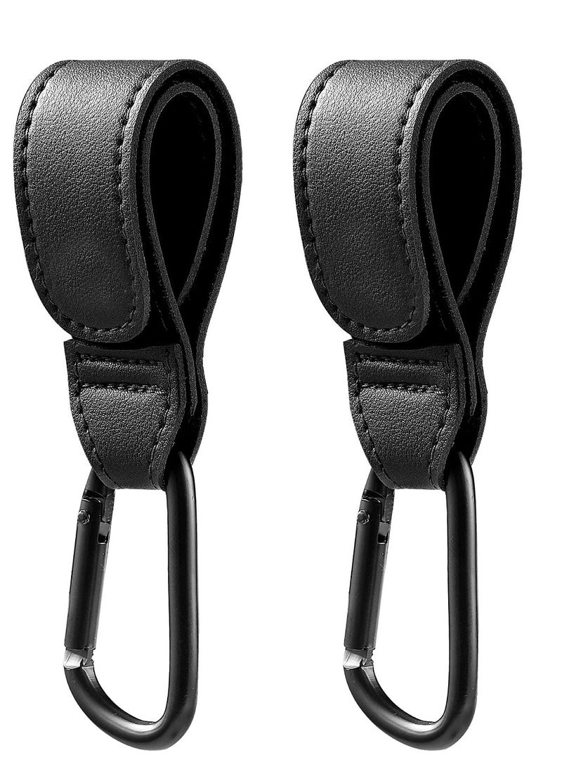 Baby Stroller Hooks Bag Hooks for Hanging Diaper Bags Multipurpose Velcro Hooks for Grocery Shopping Bags Premium Vegan Leather Pram Straps 2 Pcs, Black - Image 1