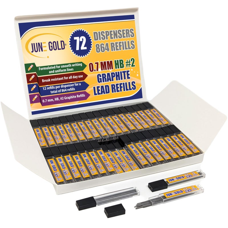 June Gold 864 Pieces, 0.7 mm HB #2 Lead Refills, 72 Dispensers, 12 Pieces Per Dispenser, Medium Thickness, Break Resistant Lead/Graphite - Image 1