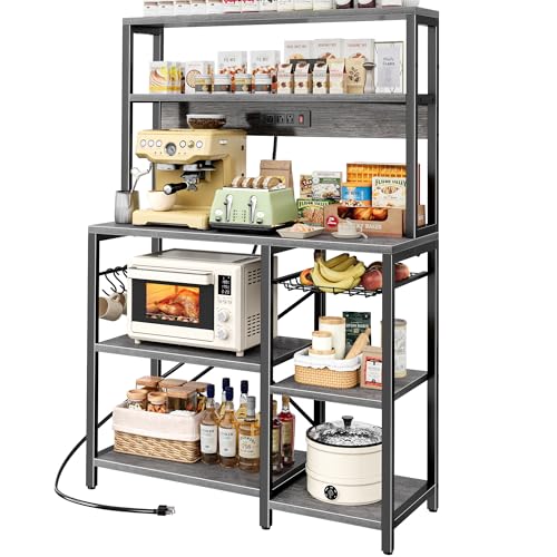SUPERJARE SUPERJARE Bakers Rack with Power Outlet 354 Inches Coffee Bar with Wire Basket Kitchen Microwave Stand with 6 SShaped Hooks Open Storage Shelves Charcoal Gray