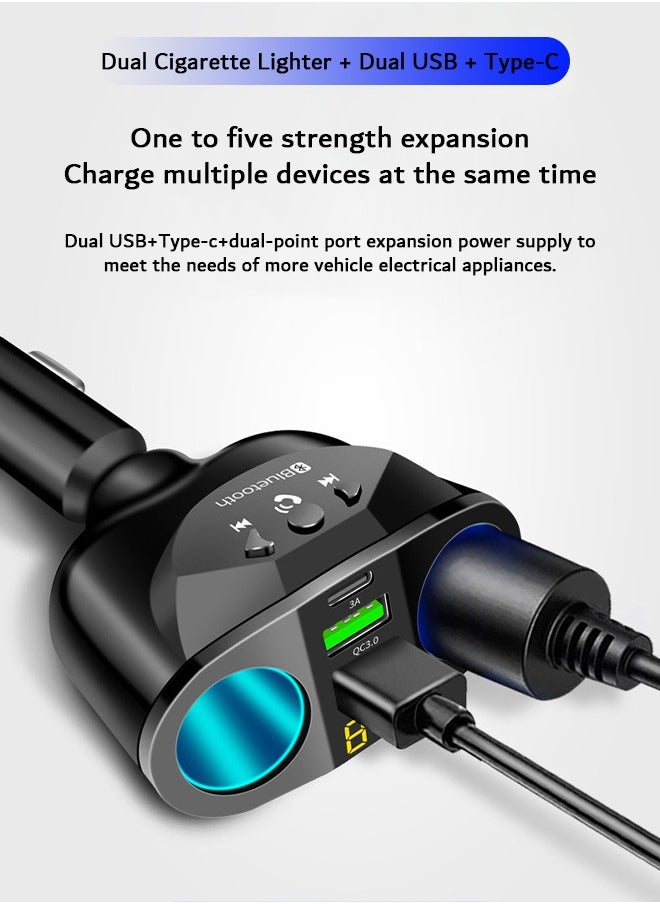Zoreya - Car Charger, QC3.0 Fast Charging Adapter, Dual Lighter Dual USB and Type-C (Black) - Image 1