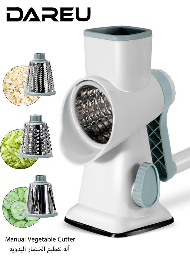 DAREU Manual Rotary Vegetable Cutter with Suction Base – Multi-Purpose Grater & Slicer for Fruits, Vegetables & Cheese, Interchangeable Stainless Steel Drums, Easy to Use & Clean (White-Blue) - Image 1
