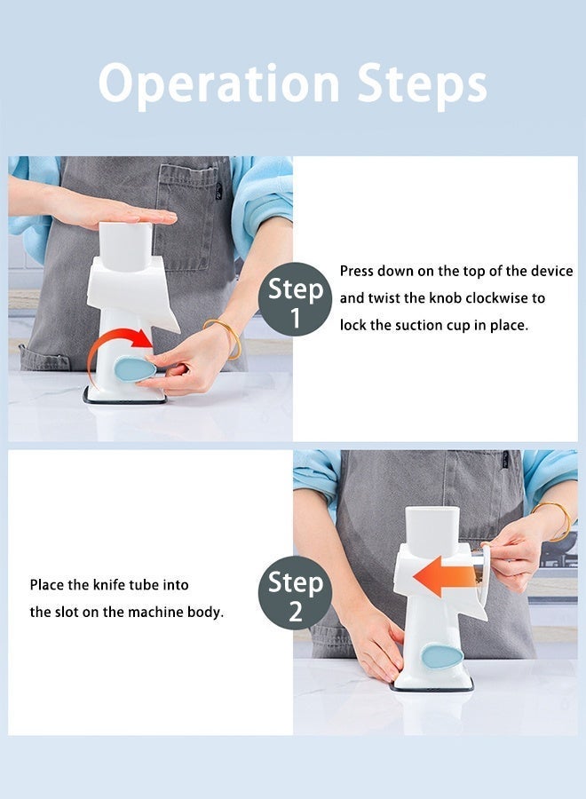 DAREU Manual Rotary Vegetable Cutter with Suction Base – Multi-Purpose Grater & Slicer for Fruits, Vegetables & Cheese, Interchangeable Stainless Steel Drums, Easy to Use & Clean (White-Blue) - Image 2