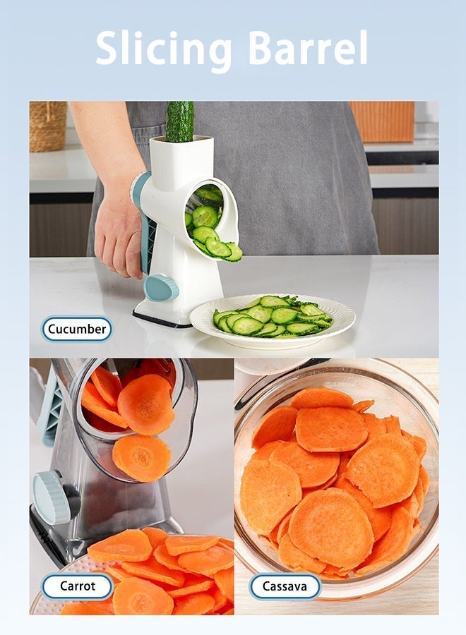 DAREU Manual Rotary Vegetable Cutter with Suction Base – Multi-Purpose Grater & Slicer for Fruits, Vegetables & Cheese, Interchangeable Stainless Steel Drums, Easy to Use & Clean (White-Blue) - Image 5