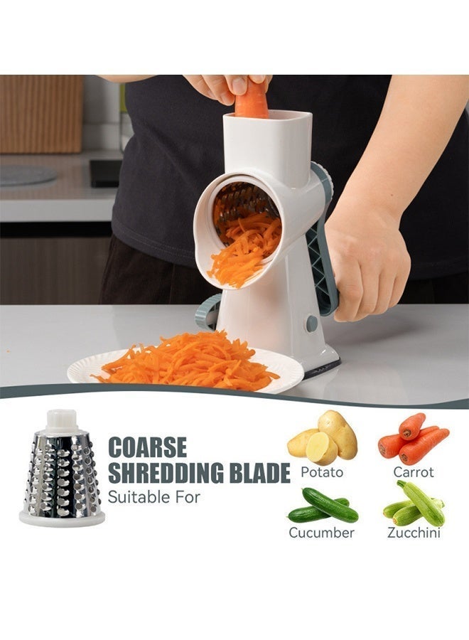 DAREU Manual Rotary Vegetable Cutter with Suction Base – Multi-Purpose Grater & Slicer for Fruits, Vegetables & Cheese, Interchangeable Stainless Steel Drums, Easy to Use & Clean (White-Blue) - Image 4