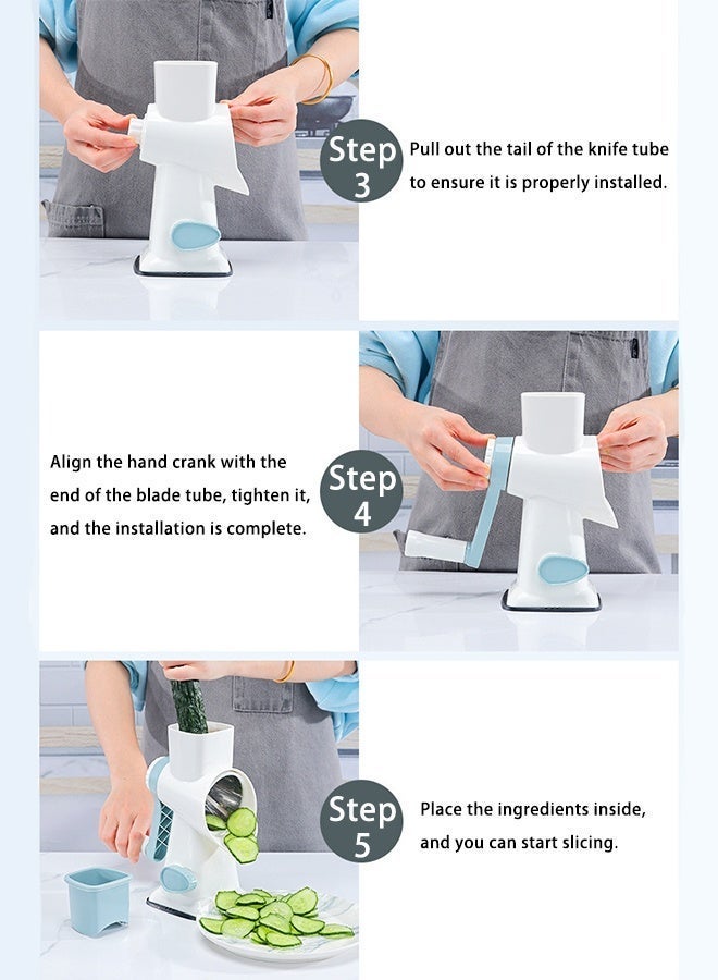 DAREU Manual Rotary Vegetable Cutter with Suction Base – Multi-Purpose Grater & Slicer for Fruits, Vegetables & Cheese, Interchangeable Stainless Steel Drums, Easy to Use & Clean (White-Blue) - Image 3