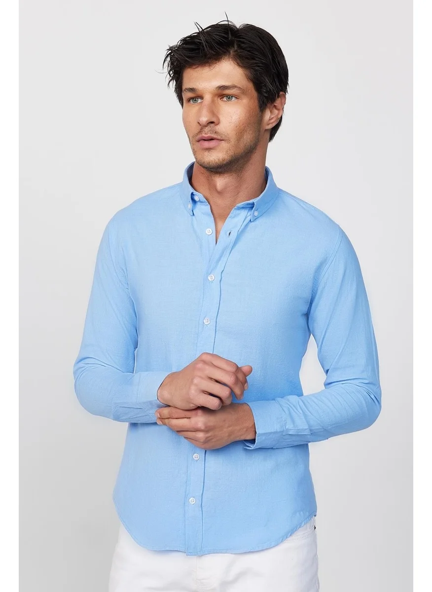 تودورس Slim Fit Long Sleeve Pile Collar Button Down Linen Blue Men's Shirt