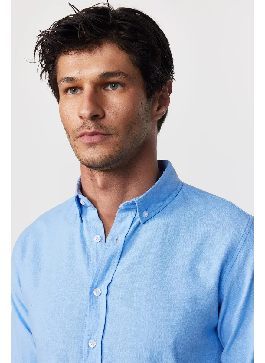 تودورس Slim Fit Long Sleeve Pile Collar Button Down Linen Blue Men's Shirt
