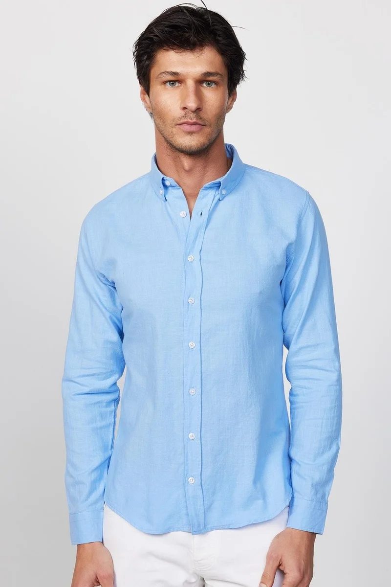 Tudors Slim Fit Long Sleeve Pile Collar Button Down Linen Blue Men's Shirt