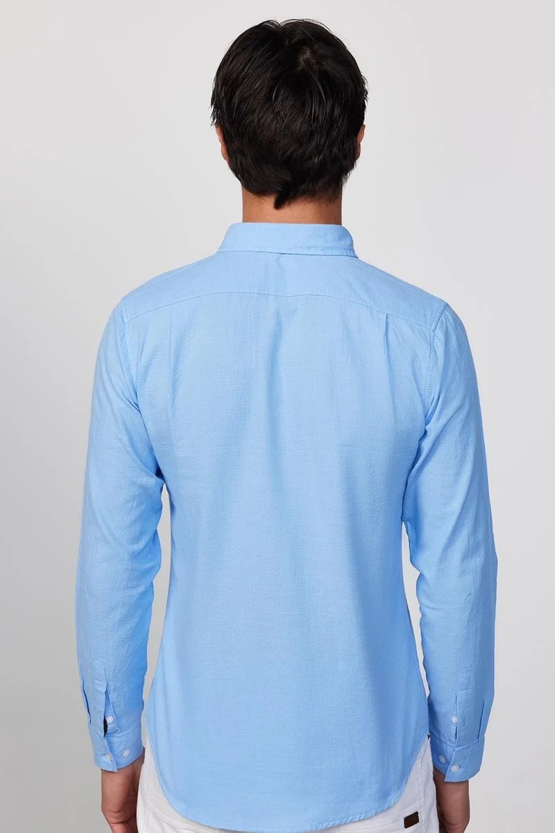 Tudors Slim Fit Long Sleeve Pile Collar Button Down Linen Blue Men's Shirt