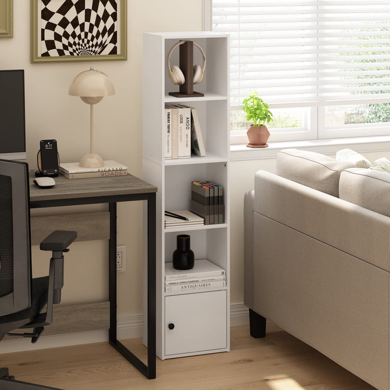 Furinno Luder Shelf Bookcase with 1 Door Storage Cabinet, White, 5-Cube with Cabinet - Image 3