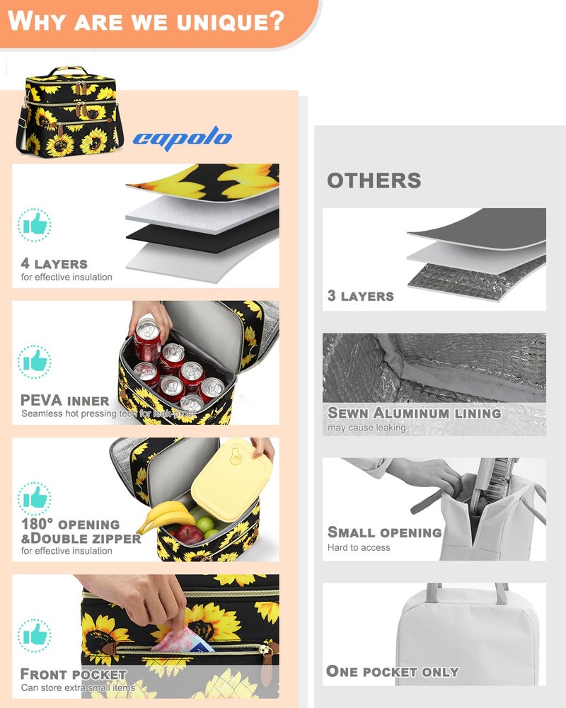 Capolo Lunch Box for Women Men Adults,Double Deck Insulated Lunch Bag Leakproof Lunch Cooler Box with Removable Strap Lunch Tote Bags Reusable Thermal Lunchbox for Work Picnic(Large,Sunflower) - Image 3