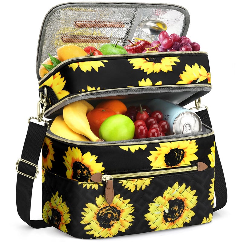 Capolo Lunch Box for Women Men Adults,Double Deck Insulated Lunch Bag Leakproof Lunch Cooler Box with Removable Strap Lunch Tote Bags Reusable Thermal Lunchbox for Work Picnic(Large,Sunflower) - Image 1