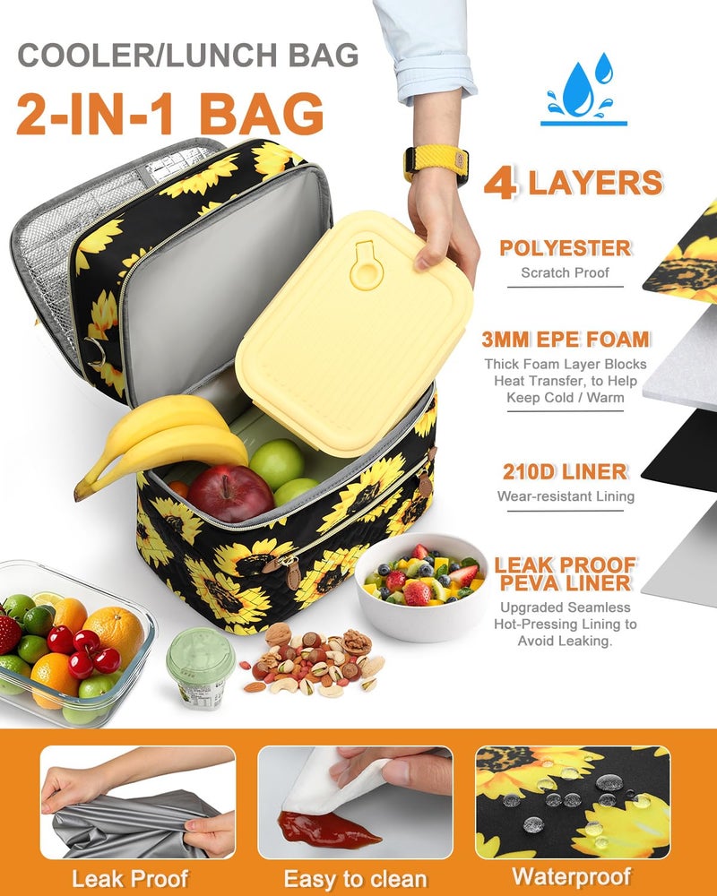 Capolo Lunch Box for Women Men Adults,Double Deck Insulated Lunch Bag Leakproof Lunch Cooler Box with Removable Strap Lunch Tote Bags Reusable Thermal Lunchbox for Work Picnic(Large,Sunflower) - Image 5