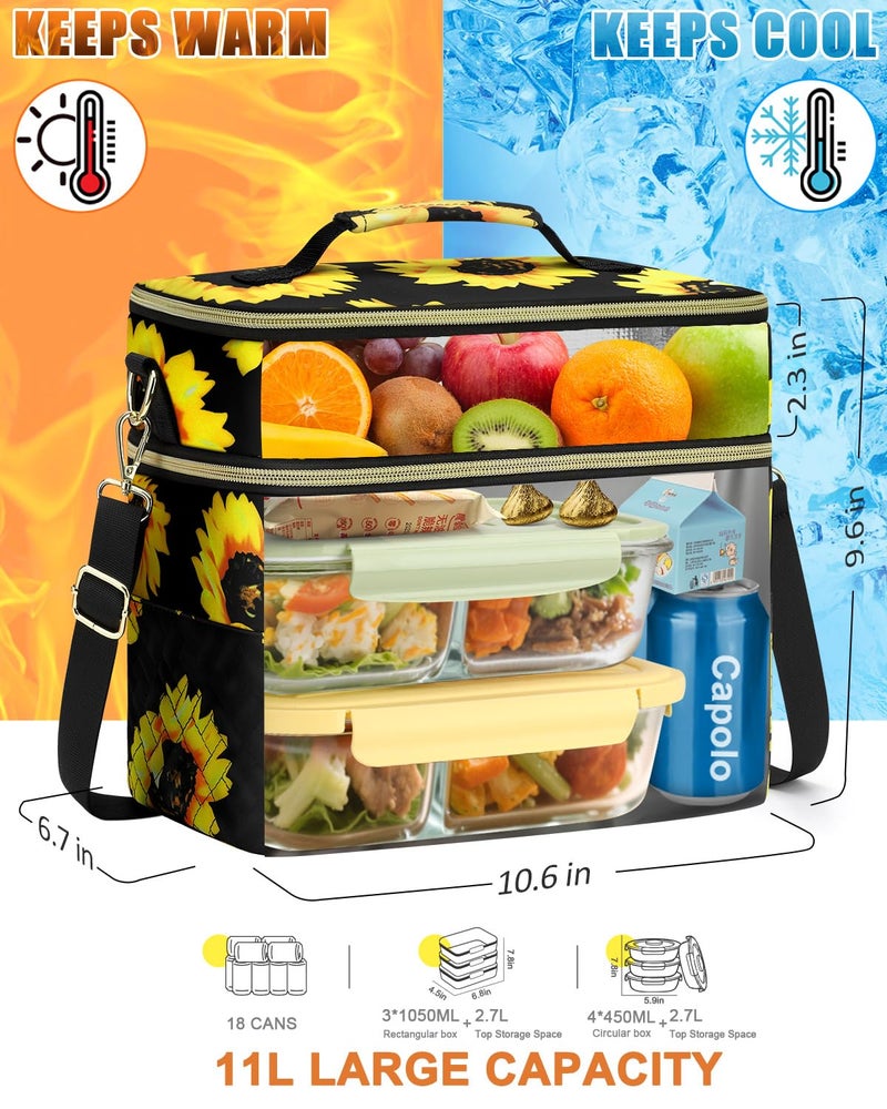 Capolo Lunch Box for Women Men Adults,Double Deck Insulated Lunch Bag Leakproof Lunch Cooler Box with Removable Strap Lunch Tote Bags Reusable Thermal Lunchbox for Work Picnic(Large,Sunflower) - Image 4