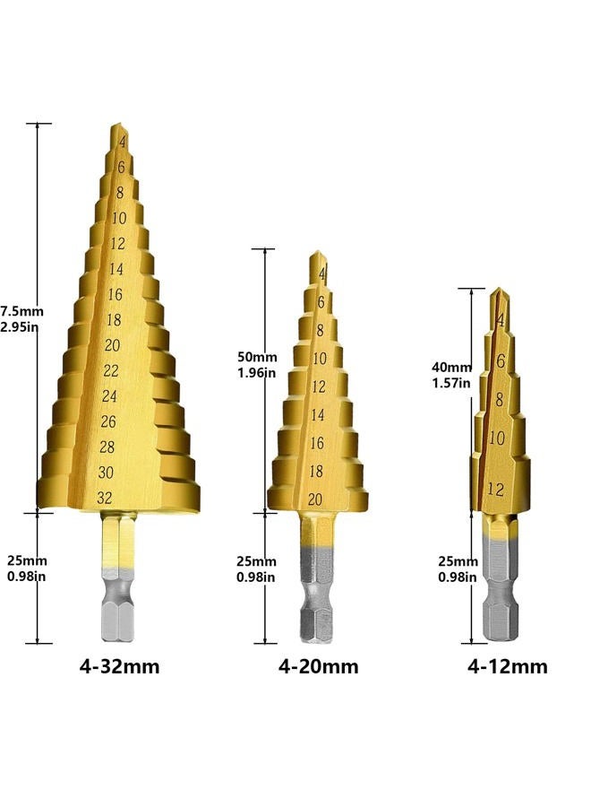 Tworider 3pcs Metric Step Drill Bit, Hss Step Drill Bit Set High Speed Steel Step Bits Set (Metric 4-12mm, 4-20mm and 4-32 Mm) Cone Metal Drill Bits for Plastic, Wood, Stainless Steel Sheet Metal - Image 2