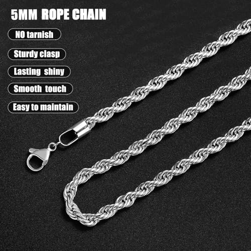 Fiusem Silver Tone Chain Necklace for Men, 5mm Stainless Steel Rope Chain for Men and Women, Silver Tone Necklace 20 Inch - Image 5