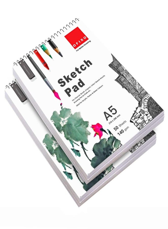 OFIXO 50 Sheet A5 Sketchbook Pack of 2-5.8 x 8.3 Inch 140 GSM| Top Spiral-Bound Sketchpad for Artists | Sketching and Drawing Acid Free Paper, for Doodling for Professional & acadmic use - Image 1