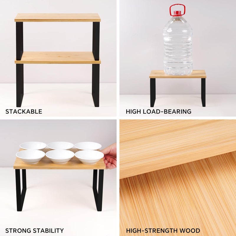 HEY FOLY Kitchen Cabinet Organizer Shelf, Set of 2 Stackable Counter Shelves, Small Wood Cabinet Riser Shelf for Pantry Cupboard Spice Dish Mug Cup, Expandable, Metal Engineered Wood (Beige & Black, 11.7''W) - Image 5
