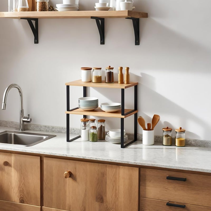HEY FOLY Kitchen Cabinet Organizer Shelf, Set of 2 Stackable Counter Shelves, Small Wood Cabinet Riser Shelf for Pantry Cupboard Spice Dish Mug Cup, Expandable, Metal Engineered Wood (Beige & Black, 11.7''W) - Image 2