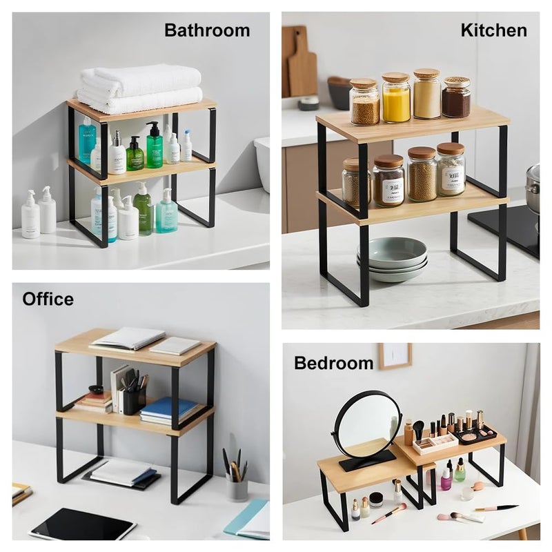 HEY FOLY Kitchen Cabinet Organizer Shelf, Set of 2 Stackable Counter Shelves, Small Wood Cabinet Riser Shelf for Pantry Cupboard Spice Dish Mug Cup, Expandable, Metal Engineered Wood (Beige & Black, 11.7''W) - Image 4