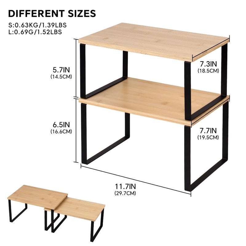 HEY FOLY Kitchen Cabinet Organizer Shelf, Set of 2 Stackable Counter Shelves, Small Wood Cabinet Riser Shelf for Pantry Cupboard Spice Dish Mug Cup, Expandable, Metal Engineered Wood (Beige & Black, 11.7''W) - Image 3