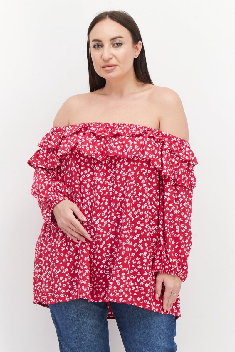 VINCE CAMUTO بلوزة نسائية بلس بدون أكتاف بنمط زهور، فوشيا - Image 1