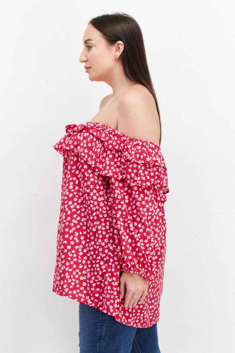 VINCE CAMUTO بلوزة نسائية بلس بدون أكتاف بنمط زهور، فوشيا - Image 4