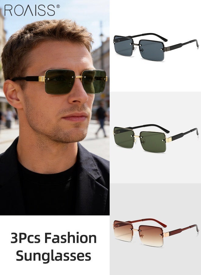 رويس 3 نظارات شمسية مستطيلة الشكل بتصميم كلاسيكي بدون إطار، توفر حماية من الأشعة فوق البنفسجية UV400، نظارات شمسية أنيقة مضادة للوهج للرجال، مناسبة للقيادة والصيد والسفر، مع حافظة، مقاس 58 مم - Image 1