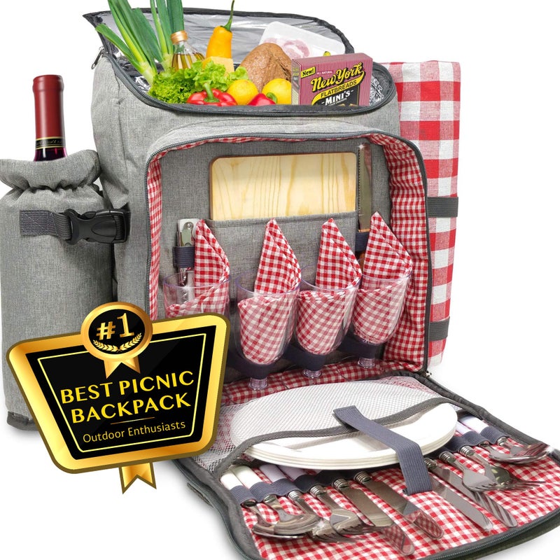 Nature Gear Nature Gear Large Picnic Backpack Insulated Bag with Detachable Wine Cooler  Picnic Blanket Includes Dinnerware Set for 4  Picnic Accessories Waterproof Outdoor Travel Backpack for Beach Red 