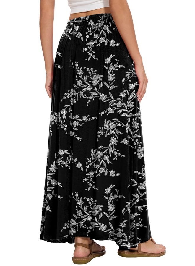 Leafsay Womens Maxi A-line Long Summer Skirt Elastic High Waist Flowy Skirt with Pockets, White Flower Black, XXL - Image 3