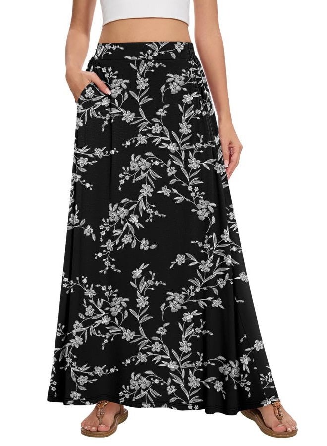 Leafsay Womens Maxi A-line Long Summer Skirt Elastic High Waist Flowy Skirt with Pockets, White Flower Black, XXL - Image 1