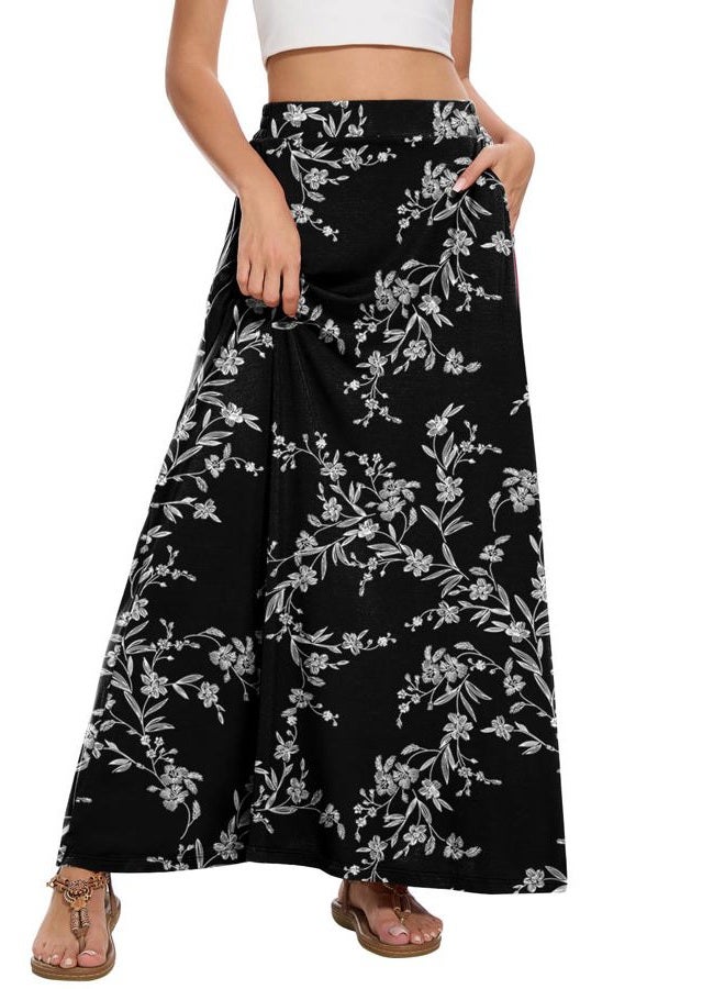 Leafsay Womens Maxi A-line Long Summer Skirt Elastic High Waist Flowy Skirt with Pockets, White Flower Black, XXL - Image 2