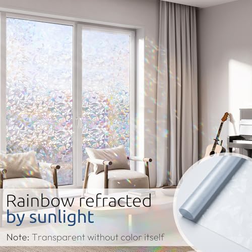 rabbitgoo Window Privacy Film Rainbow Film Decorative Window Sticker, 3D Static Stained Glass Cling Tint for Home Heat Control Non-Adhesive, 11.8 x 78.7 inches - Image 2