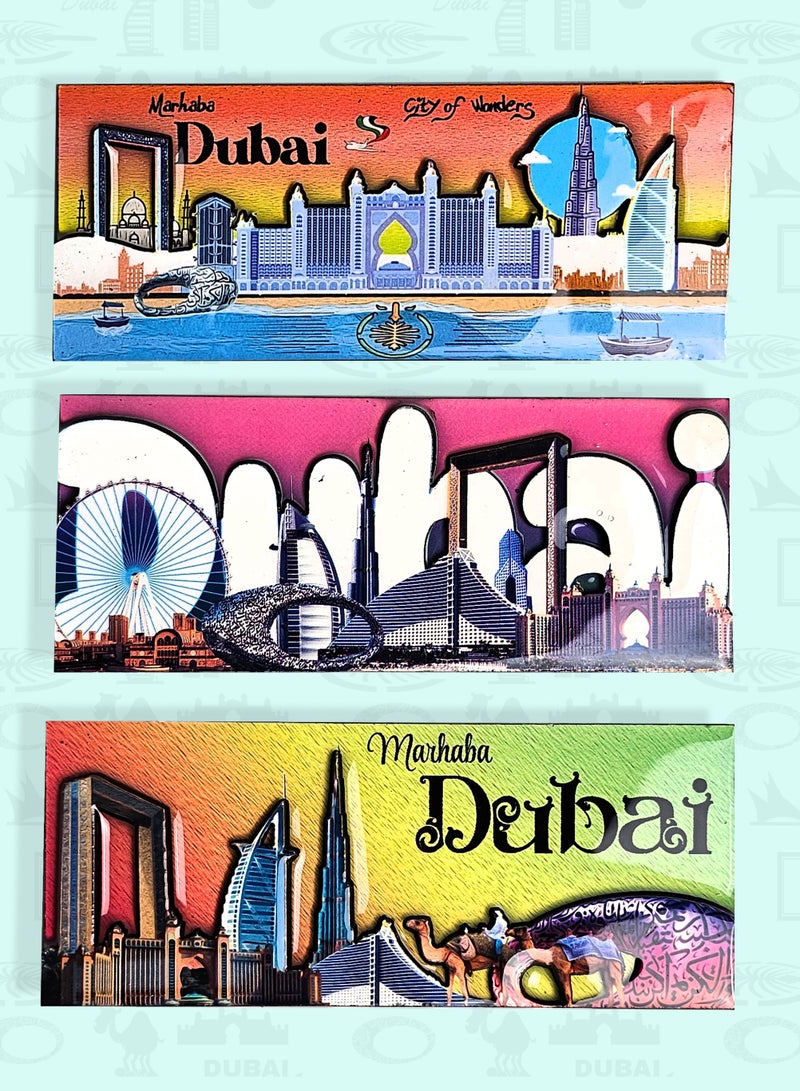 سوق الهدايا التذكارية مغناطيس ثلاجة خشبي MDF، 3 قطع (12×5 سم)، حجم كبير | معالم دبي الشهيرة، الإمارات العربية المتحدة | طلاء إيبوكسي لامع، هدية تذكارية مميزة للمنزل، هدية للمسافرين - Image 1