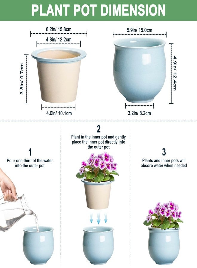 Teagas Ceramic African Violet Pots for Indoor Plants, 6 Inch Self Watering Planters with Absorbent Inner Pot, Self Watering Plant Pot, Ceramic Flower Pots, Desk Decor, Housewarming Gifts, Light Blue - Image 2