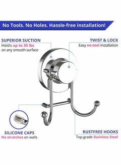 Excefore 2 Double Hook Wall Hooks Stainless Steel Suction Cup Hooks Bath Towel Heavy Duty Hook Suction Cup Rust Proof Wall Hooks Kitchen and Bathroom Vacuum Suction Hook Suction Hanger  - Image 2