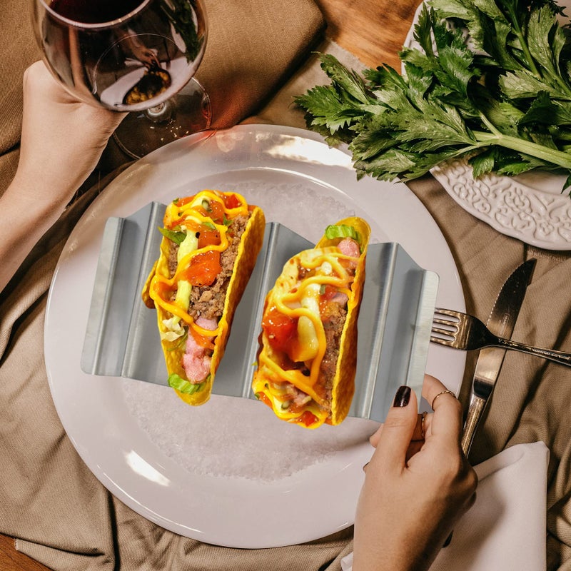 Mugtel Taco Holder Stainless Steel Taco Stand With Handle Taco Holders Rack Trays For 3 Tacos Oven Grill And Dishwasher Safe Set Of 2 - Image 3