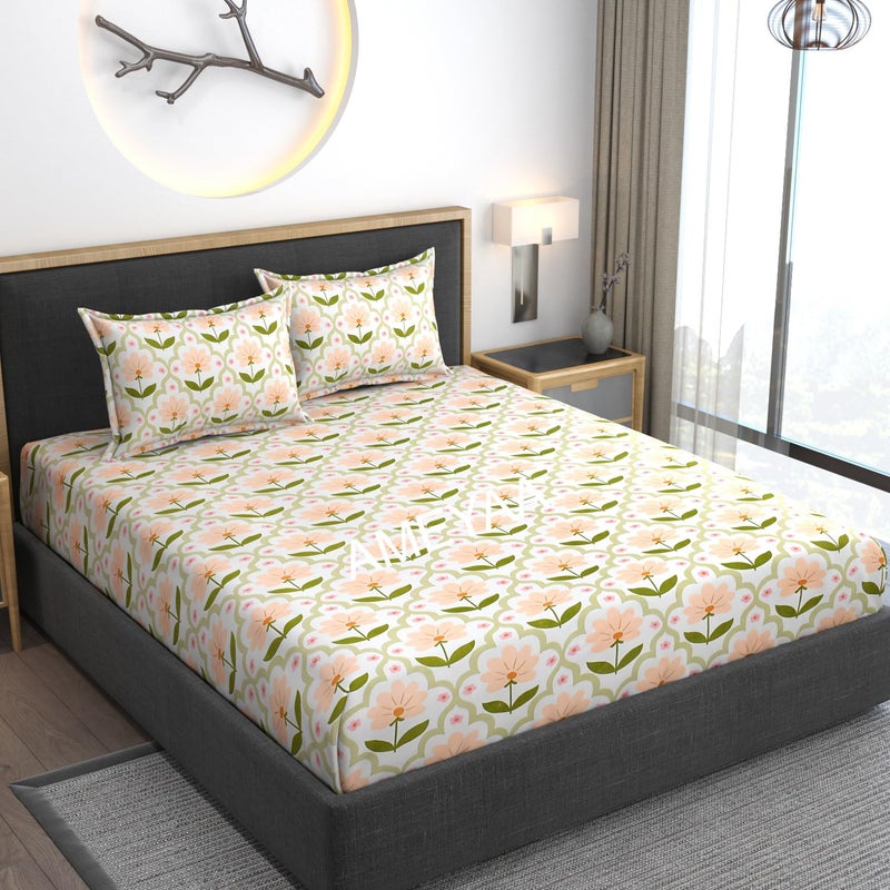 AMEYAA 350 TC Elastic Fitted Floral Bedsheets Queen Size, All Around Elastic Fitted Queen Size Bedsheet for Double Bed with 2 Pillow Covers 60x78 Inches Orange - Image 5
