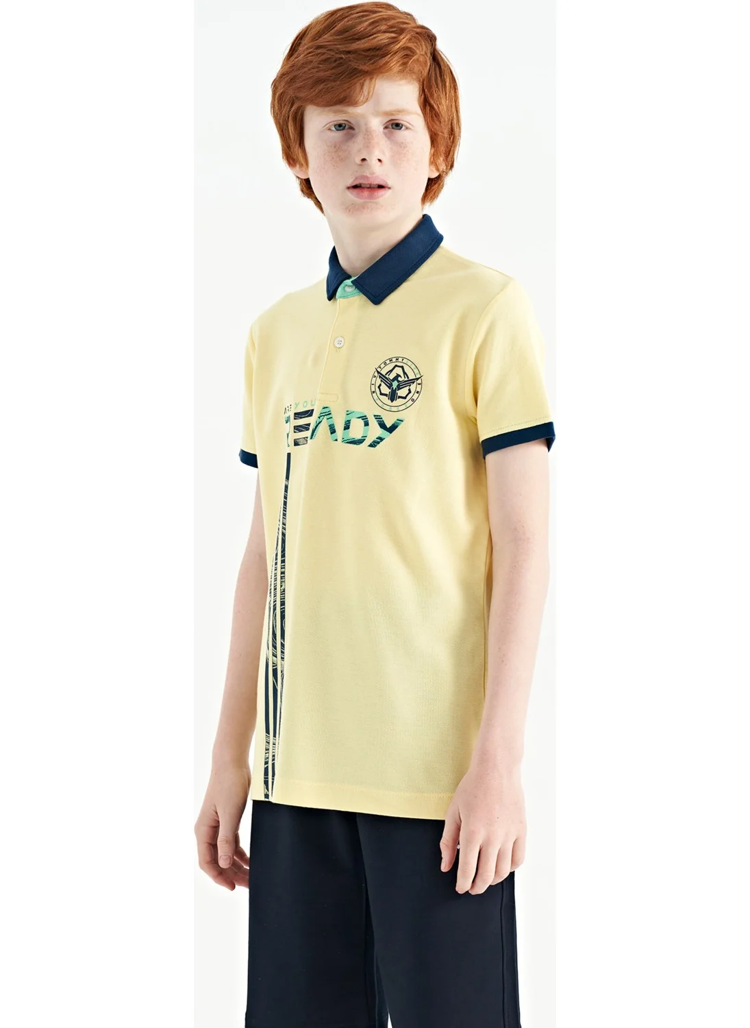 Tommy Life Yellow Text Printed Patterned Standard Size Polo Collar Boy T-Shirt - 11143