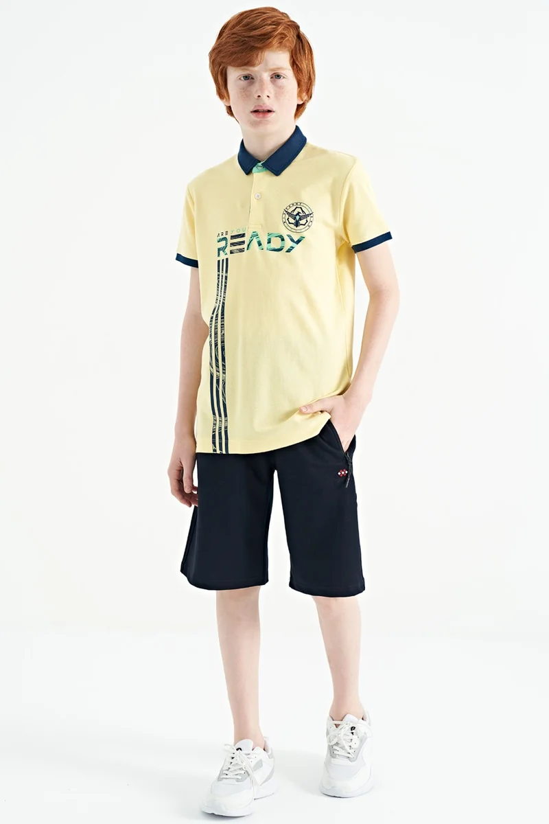 Tommy Life Yellow Text Printed Patterned Standard Size Polo Collar Boy T-Shirt - 11143