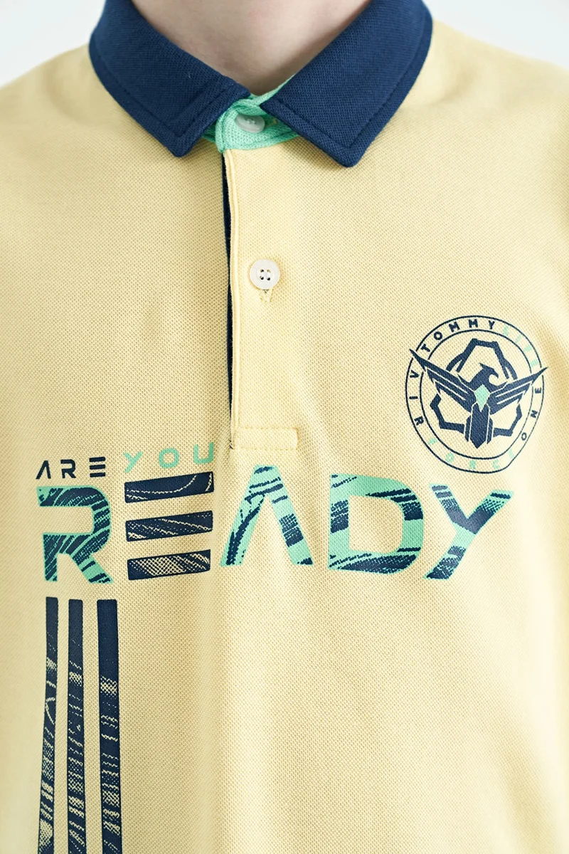 Tommy Life Yellow Text Printed Patterned Standard Size Polo Collar Boy T-Shirt - 11143