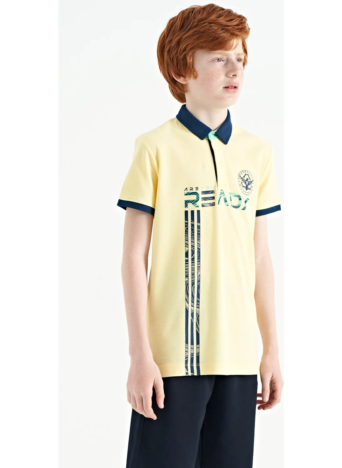 Tommy Life Yellow Text Printed Patterned Standard Size Polo Collar Boy T-Shirt - 11143