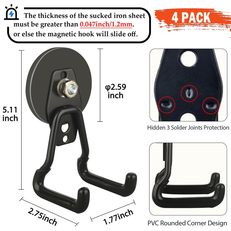 ULIBERMAGNET Upgraded Large Magnetic Hooks,Strong Heavy Duty Magnet Hooks for Power Drill,Broom,Garden Tools, Pegboard, Garage, Workshop, Hardware, 4 Pack Magnet Storage Holder for Hanging(Black) - Image 3